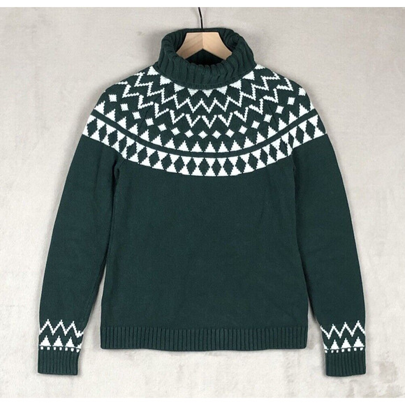 DULUTH TRADING COMPANY Sweater Womens XS Green White Fair Isle Turtleneck Cotton - Picture 1 of 12